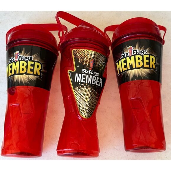 Set of 3 Go Big Go Six Flags Member Red 18-20 oz. Plastic Tumblers w/Top Handle - Picture 3 of 13